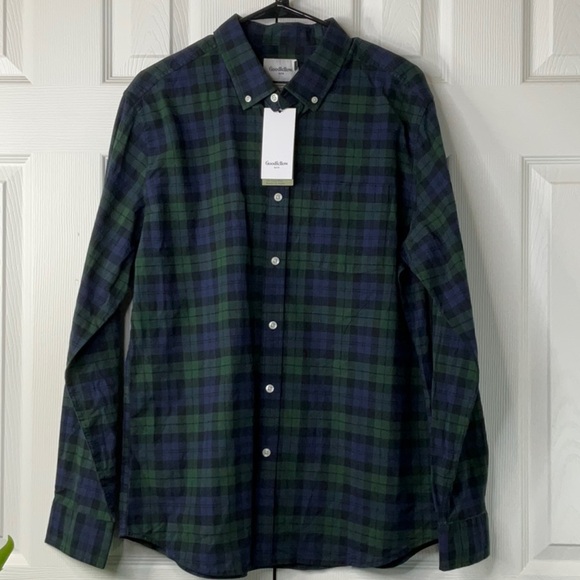 GOODFELLOW Mens Blue Green Plaid Standard Fit Front Bottom Midweight Shirt Large - Picture 3 of 8